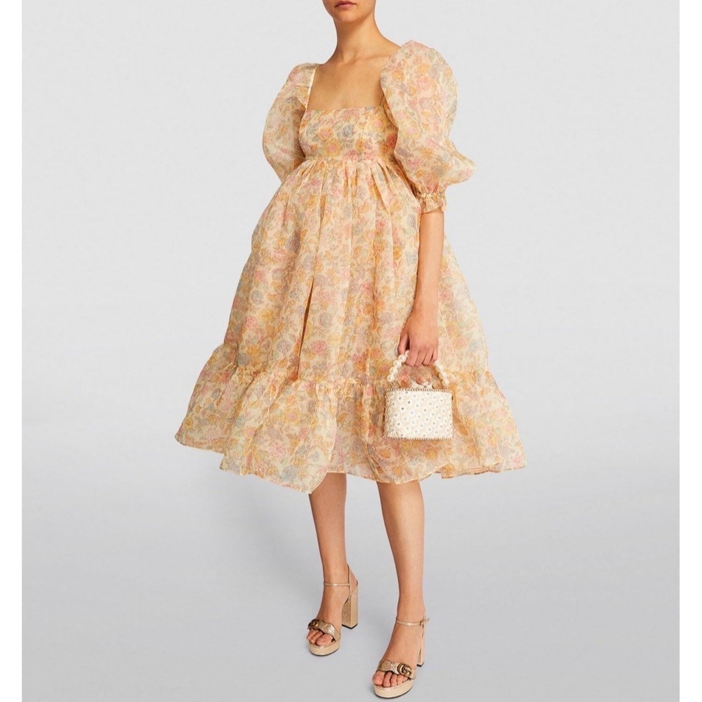 Selkie Hans Christian French Puff Dress Yellow Floral Organza Midi Medium EUC